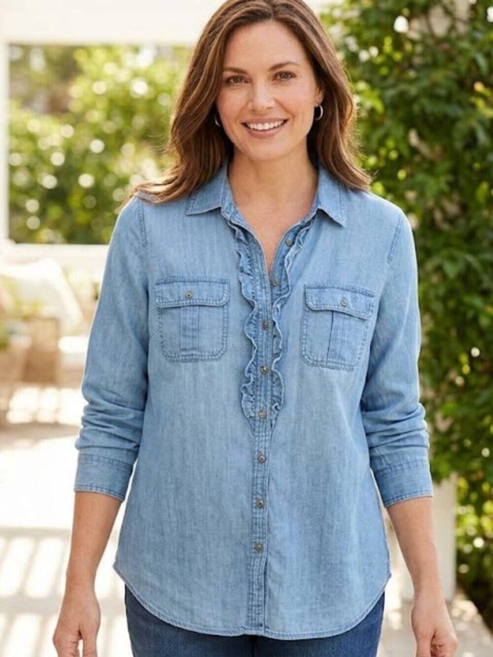 Talbots 100% Lyocell Light Blue Ruffle Front Denim Shirt Blouse Size Medium M